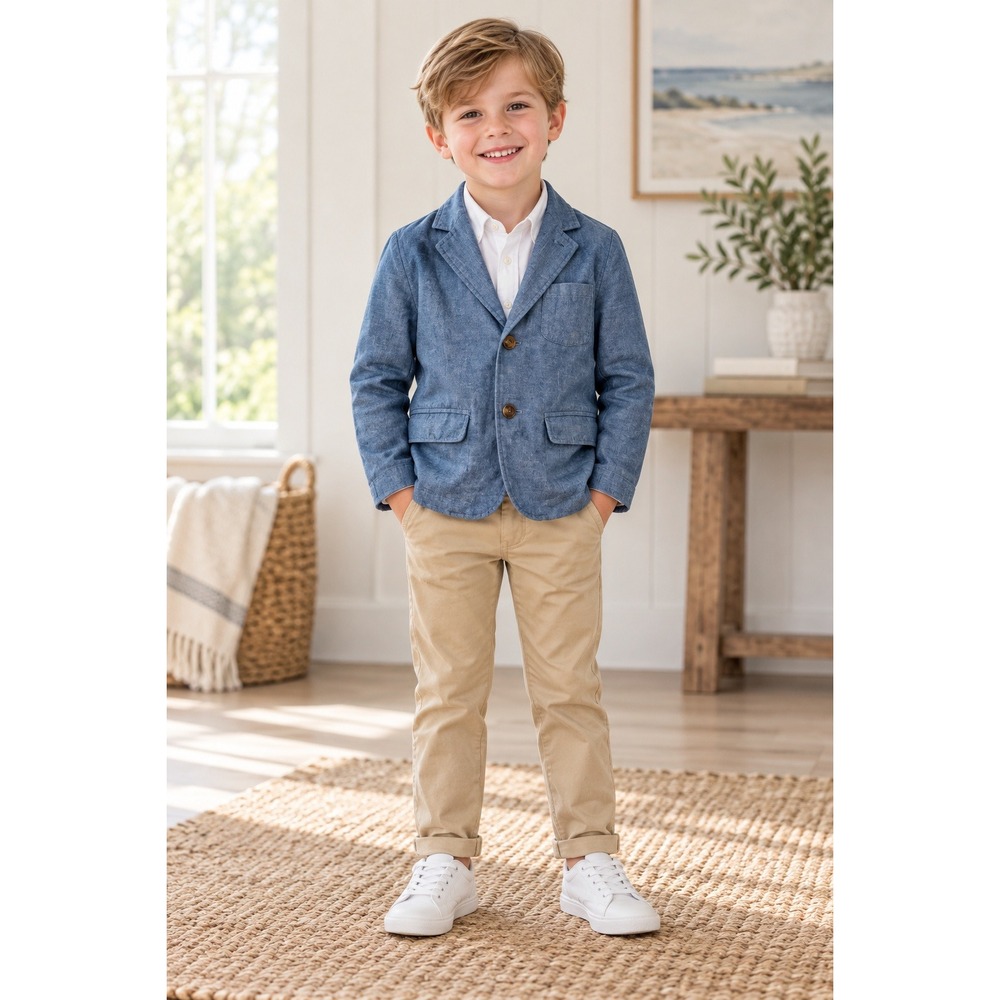 Andy & Evan Boys Blue Cotton Linen Chambray Blazer Jacket Size 5Y